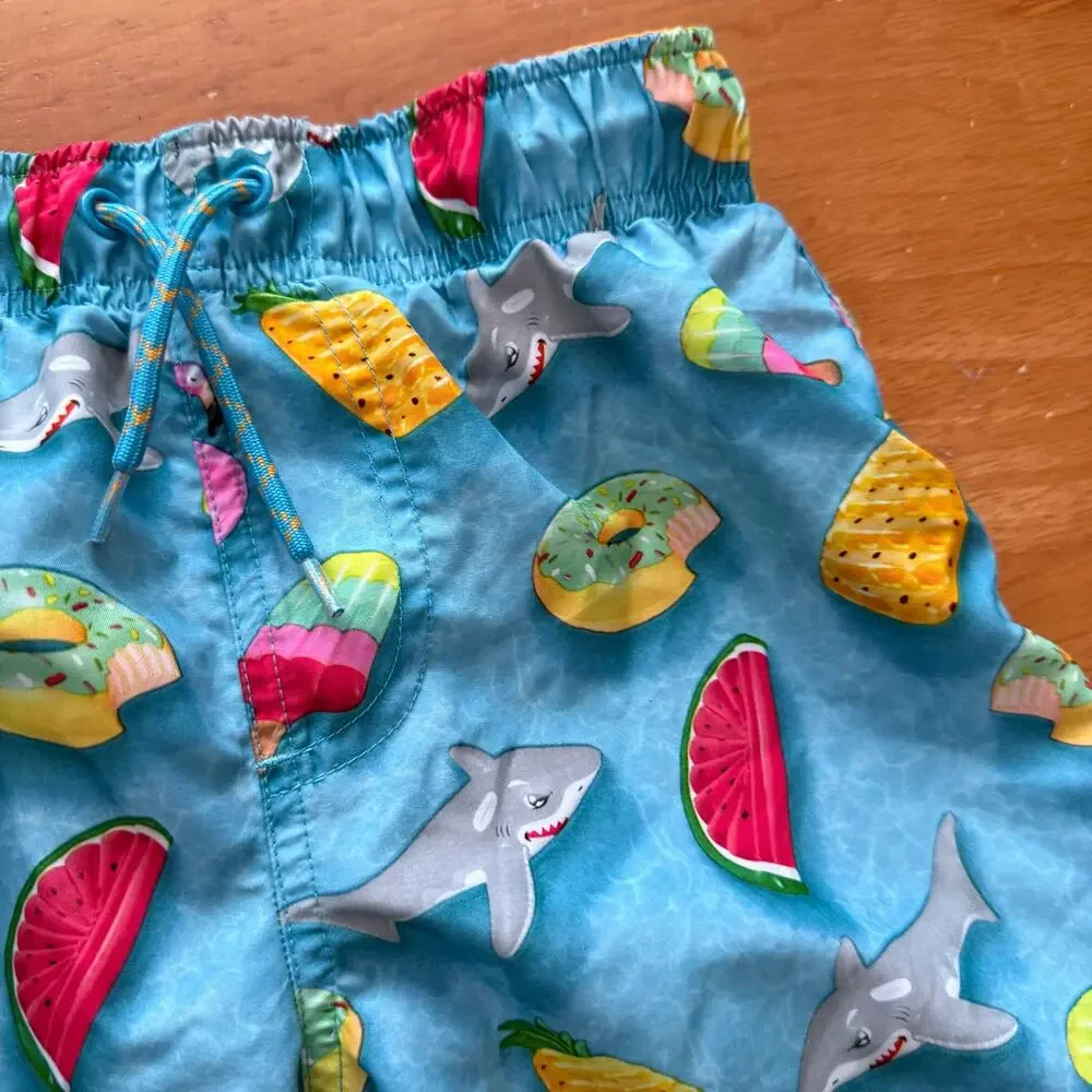Primark Swim Trunks Board Shorts Boys 7 8 Blue Shark Fruit Print